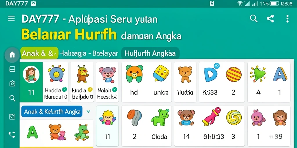 Antarmuka aplikasi DAY777 yang ramah anak untuk belajar huruf dan angka.